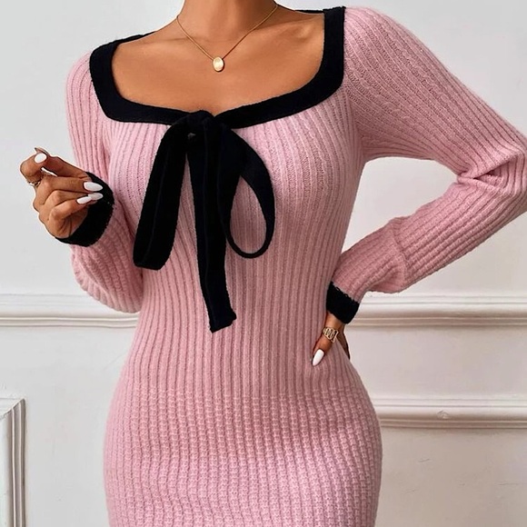 Elegant Bow Ribbon Sweater Dress. - Picture 13 of 16